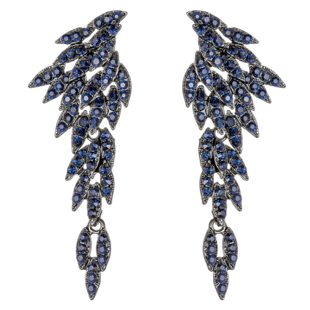 Gun Metal Black with Blue Sapphire Crystal Angel Wing Statement Post Earrings